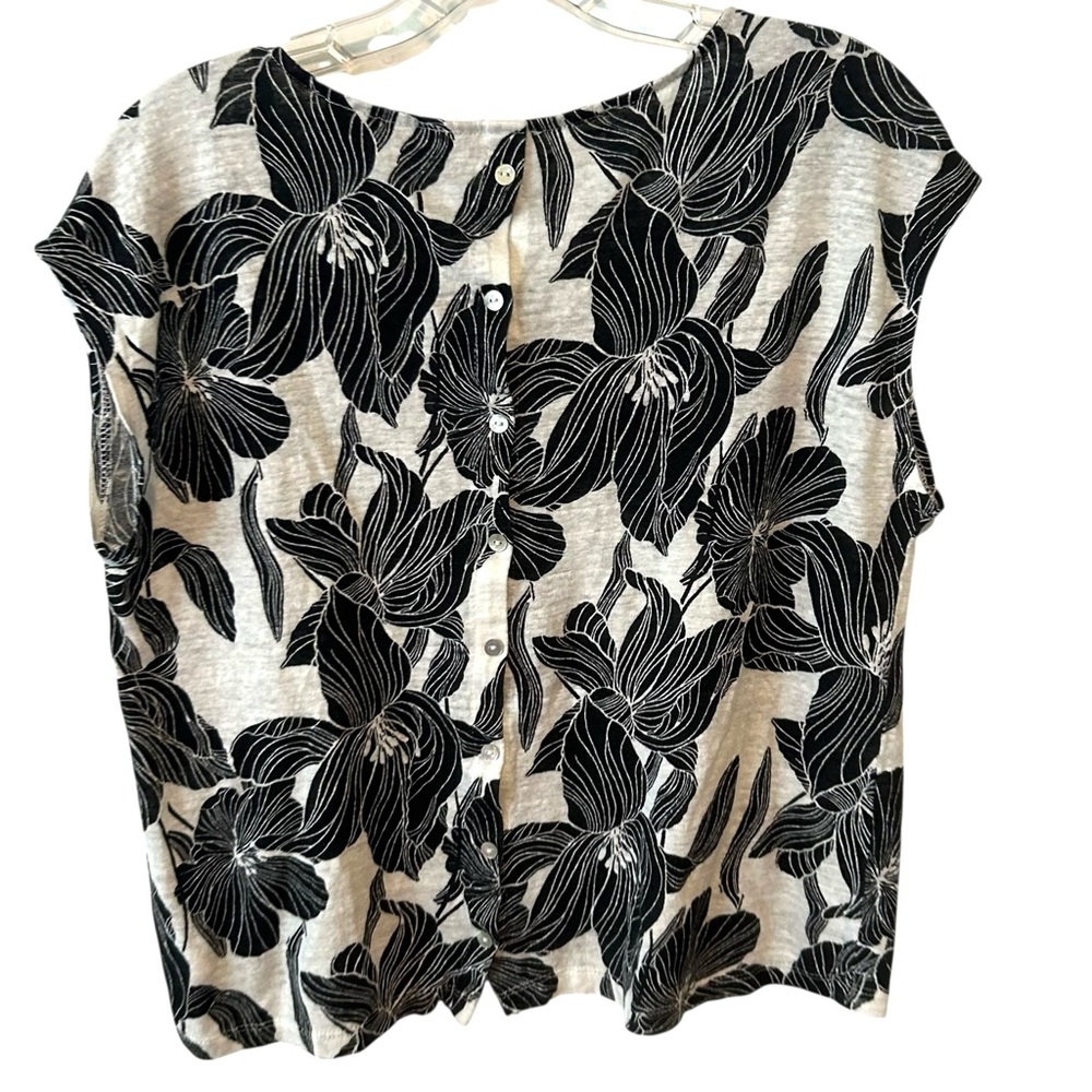 Tahari Women's Black and White Floral 100% Linen Tee in‎ Size L - Picture 2 of 9